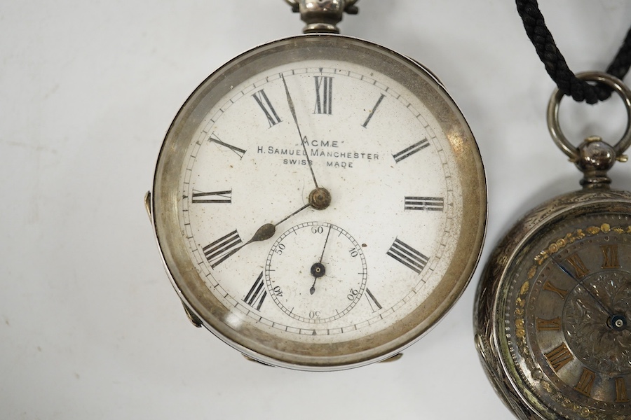 A George V Waltham silver open faced key wind pocket watch (a.f.), a 935 white metal open faced pocket watch and an 800 white metal fob watch. Condition - poor